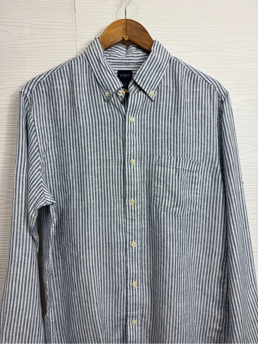 J. Crew Men's Navy and White Vertical Stripe Button-Down Shirt Slim Fit Linen